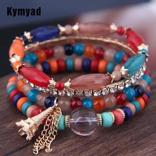 Kymyad Bohemian 4pcs/ Set Tower Charm Pendant Beads Bracelets For Women Crystal Stone Multilayer Womens Bracelet Sets Jewelry