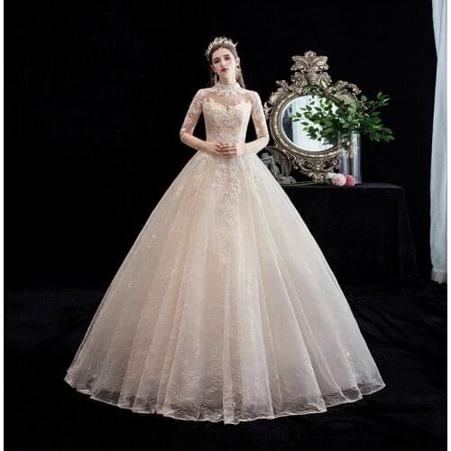 2021 New Luxury Lace Wedding Dress Three Quarter High Neck Ball Gown Plus Size Custom Made Pricess Bridal Dress Vestido De Novia