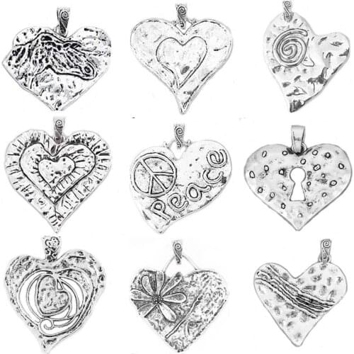 3PCS Tibetan Large Tone Hammered Love Heart Charms Pendants for Findings Earrings Jewelry Necklace