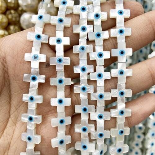 20pcs/lot 10mm Natural Blue Evil Eye Mother Pearl Shell Beads Cross Blue Evil Eye Mother Pearl for DIY Jewelry
