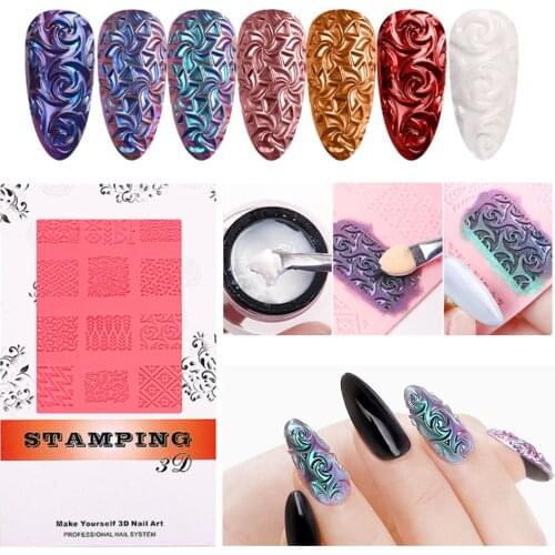 3D Relief Silicone Nail Carving Mold/Nail Glitter/Glue Set Sculpture Stamping Stencils DIY UV Gel Nail Art Template Manicure Kit