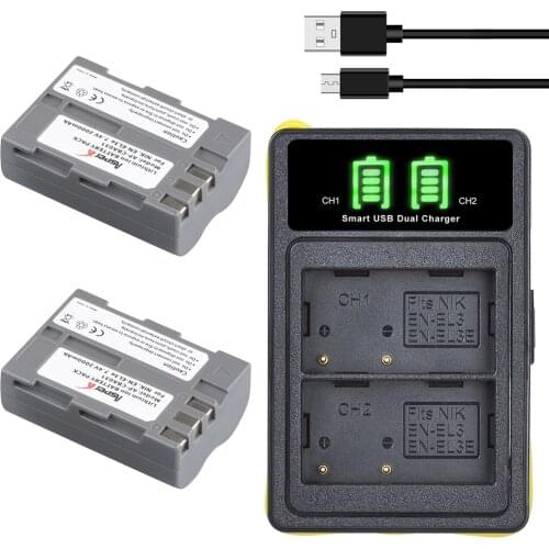 2Pcs 2000mAh EN-EL3e EN EL3e Camera Battery Bateria + Built-in USB LED Charger for Nikon D30 D50 D70 D70S D90 D80 D100 D200 D300