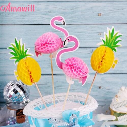 Amawill 10pcs Flamingo Decoration Pineapple Cupcake Topper Picks Tropical Hawaiian Luau Theme Party Wedding Cake Decor 8D
