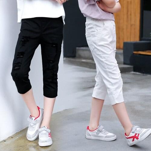 Girls Broken Hole Pants Summer 2019 Trend Cropped Trousers for Adolescents 6-10T Girls Cotton Solid Pants