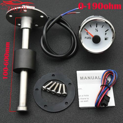 52MM Fuel Level Gauge with 100 125 225 250 300 350 450 500 600mm Fuel Sender Unit 0-190ohm Fuel Level Sensor Auto Gauge for Boat