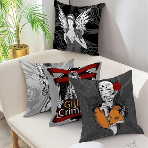 Fuwatacchi Decorative Pillowcase Cartoon Cool Lady Painted Pillows Cover Home Decoration Black Soft Cushion Cover for Sofa Chair