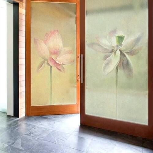 Chinese style lotus pattern electrostatic frosted glass film bathroom living room bedroom wedding room shop door pvc opaque film
