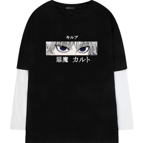 Hunter X Hunter Anime Mens T Shirt Tops Tees Killua Zoldyck Devil Eye Long Sleeve Casual Tshirt False Two Pieces Clothes Male