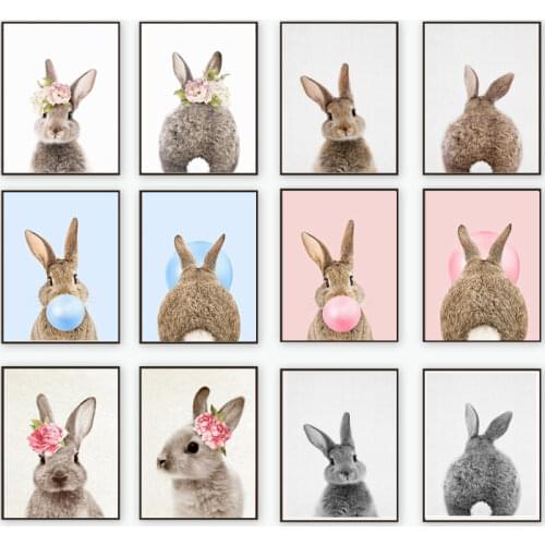 Rabbit Bubble Gum Art Poster Prints Blue Pink Nursery Wall Art Canvas Paintings Wall Picture Baby Animals Bunny Nursery Decor