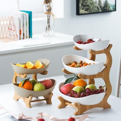 Ceramic Fruit Plate Wood Shelf 2-3 Layer Candy Snack Dish Bowl Modern Living Room Cake Dessert Plate with Stand Home Decor New
