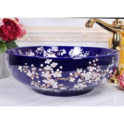 China Painting plum blossom Ceramic Painting Art Bathroom Vessel Sinks Round counter top one piece bathroom sink and countertop