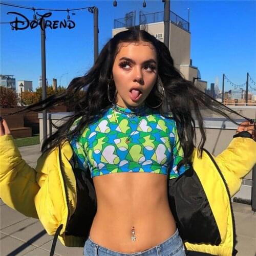 Sexy Mock Neck Heart Colorful Pattern Printing Crop Top Women Slim Long Sleeve Vintage Short Tshirts Harajuku Spring Top Tees