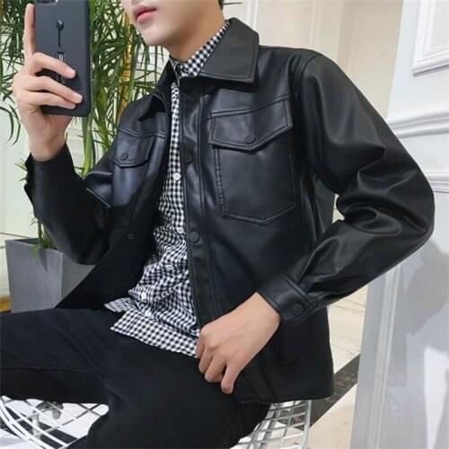 Korean mens lapel leather jacket casual hunting large size double pocket motorcycle clothes jaquetas masculina de inverno