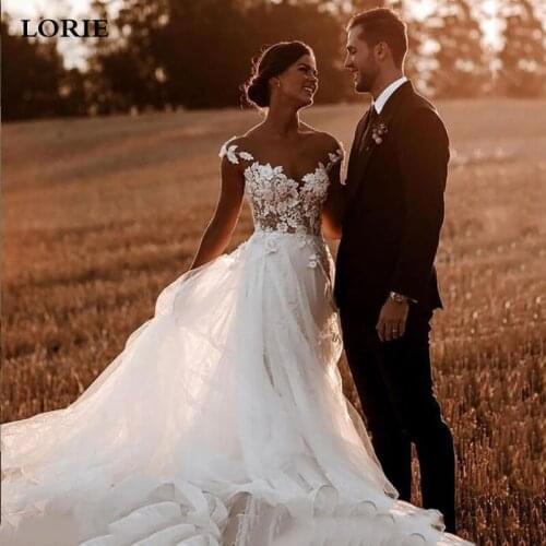 LORIE Vintage A Line Tulle Wedding Dresses Cap Sleeves Lace Appliques Bride Dresses Charming Long 2021 Vestido De Noiva