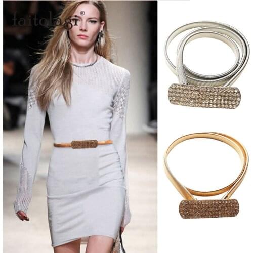 Fashion Waist Chain Belts For Women Dress Elastic Metal Gold Color Ladies Belts Imitation Diamond Female Shiny Belt gouden riem