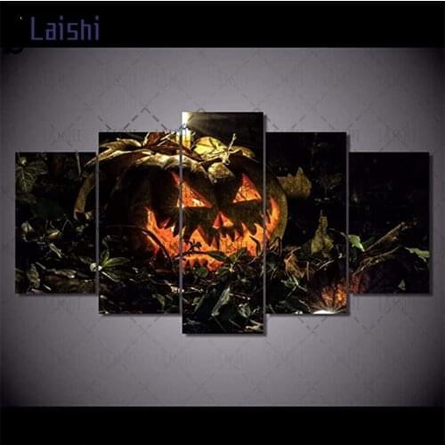 5pcs diamond painting Halloween decoration, scary pumpkin lantern rhinestone mosaic cross stitch full square round drill decor