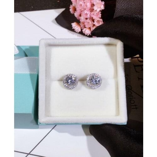Genuine 925 Sterling Silver Stud Earrings For Womens Round CZ Stones Crystal 10mm Luxury Wedding Engagement Earrings Jewelry