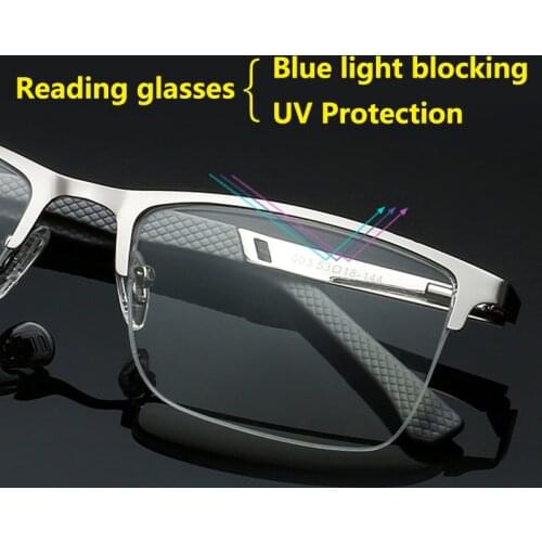 Ultra Light UV Protection Computer Reading Glasses Men Presbyopia Anti-blue Light Blocking Metal Half Frame Silver 1.5 2.5
