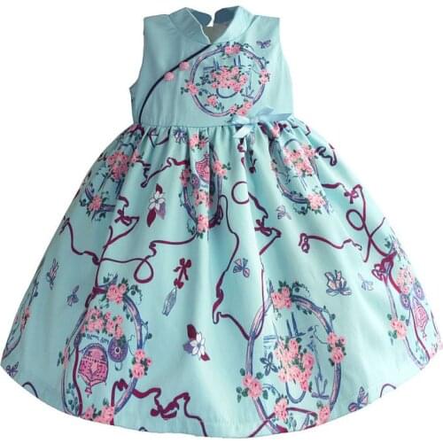 Chinese Style Girls Dresses Light Blue Retro Flora Kids Dress Silk Satin Princess Kids Dress Children Clothes Costume for 1-8T