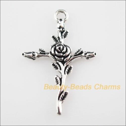 18 New Pendants Cross Rose Flower Tibetan Silver Tone Charms 23.5x34.5mm