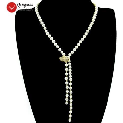 Qingmos Natural Pearl Necklace for Women with AA 6-7mm Round White Pearl Long Necklace Jewelry & Gold Leaf Zircon Clasp ne6514