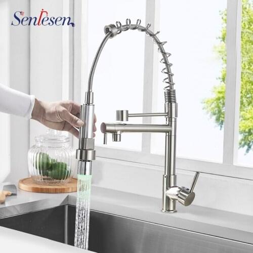 Senlesen Brushed Nickel Kitchen Faucet Swivel Spouts LED Sprayer Deck Mounted Vessel Sink Mixer Tap