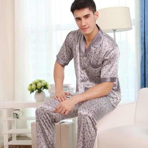 Adult Silk Sleepwear Male Short Sleelve Homewear Mens Silk Latticed Pajamas Mens Short Sleeved Silk Lapels Plus Size D-2185