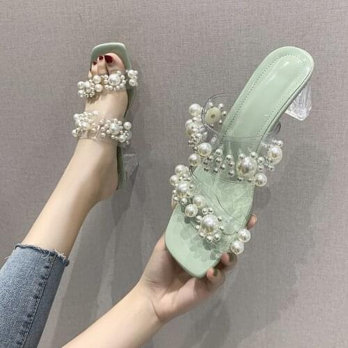Luxury Pearl Design Modern Slippers Square High Heel Slippers Summer Shiny Beaded Sandals and Slippers Women Shoes