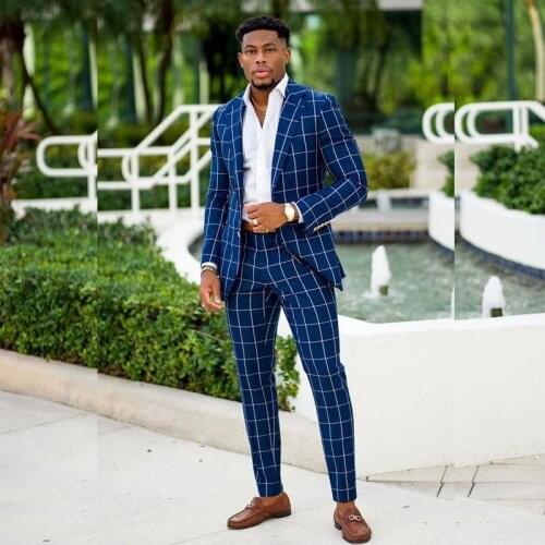 Blue Glen Plaid Slim Fit Groomswear Two Pieces Notched Lapel Classic Mens Tuxedos Custom Made Blazer Pants