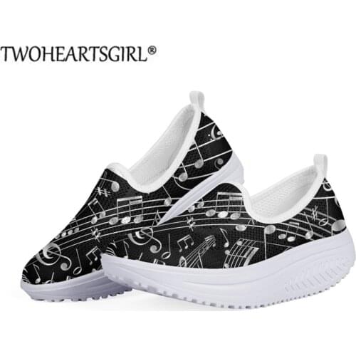 Casual Women Slip-on Shoes Music Note Printed Fashion Height Increasing Female Black Slimming Shoes Swing Shoes for Ladies Girls