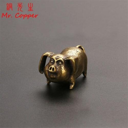Solid Pure Brass Zodiac Pig Figurines Decoration Accessories Miniature Cute Little Fat Pig Ornament Vintage Copper Animal Statue