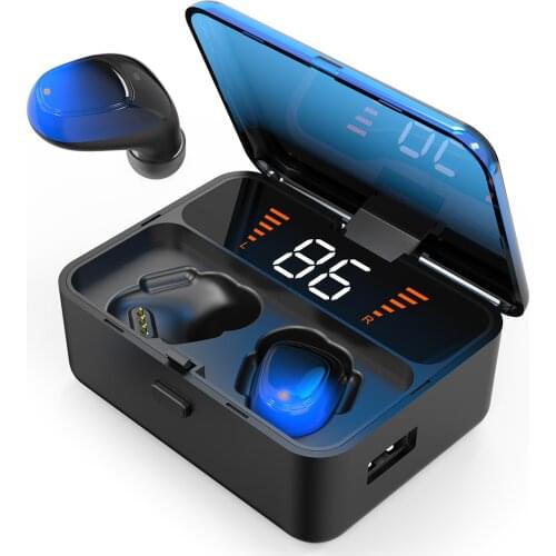 TWS Earphone BT5.0 Waterproof In-Ear Mini Earbuds True Wireless Headphones With Digital Display Charging Box-Black Blue