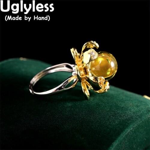 Uglyless Personalized Big Size Spinning Flower Rings Luxury Natural Blue Amber Rings for Women 925 Silver Crystals Floral Rings