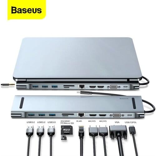 Baseus USB Type C HUB to USB 3.0 4KHD RJ45 VGA Multi Ports TypeC Dock Station for MacBook Pro Air USBC Splitter PD Power Adapter