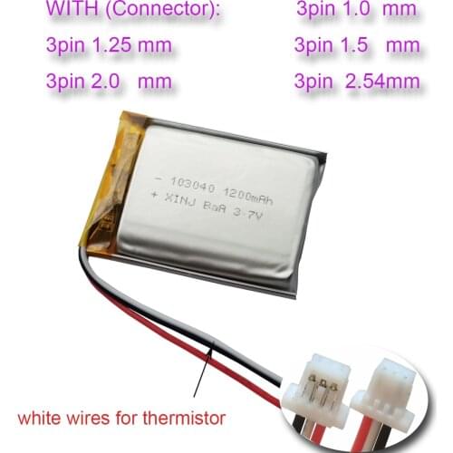 XINJ 3.7V 1200mAh Rechargeable 3 Wires Thermistor Polymer Li Battery 103040 3pin 1.0mm 1.25mm For Game Player GPS Sat Nav Camera