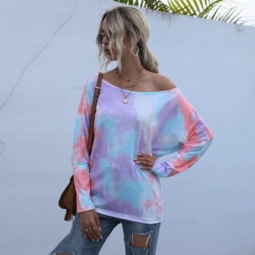 Women Off shoulder Tie-dye T-shirt Mid-length Loose O-Neck Long Sleeves Pullover Hoodies Casual Loose Tops Female Autumn 2020