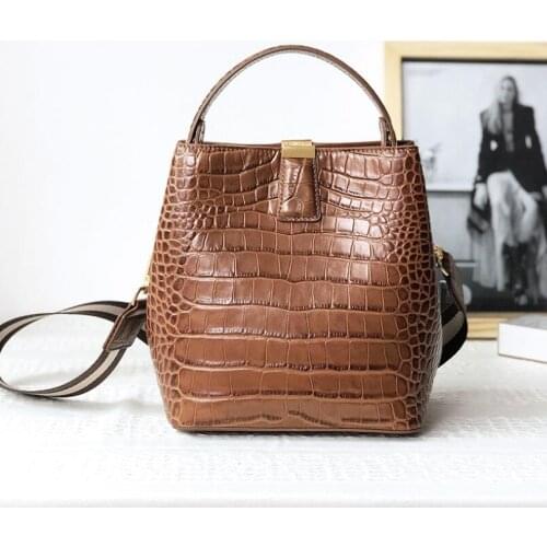 FoxTail & Lily Fashion Crocodile Pattern Bucket Bag Genuine Leather Women Shoulder Crossbody Bags Luxury Handbags High Quality