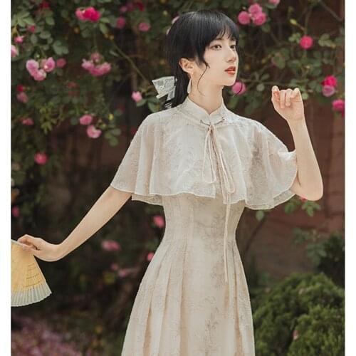 Women Summer French Palace Retro Improved Cheongsam Vestidos Gentle Chic Girl Embroidered Dress Sweet Bow Shawl