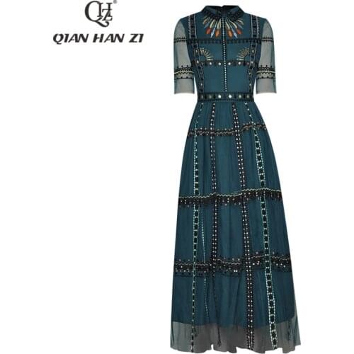 Qian Han Zi Fashion Summer Runway Maxi dress vintage Mesh high quality Embroidered Maxi Dress Women 2021