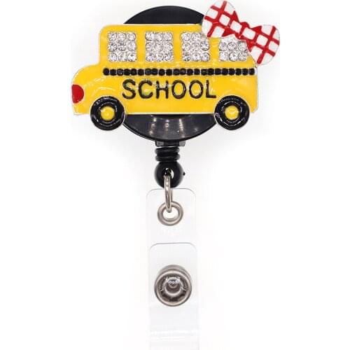 10pcs Free shipping Enamel Rhinestone School Car Bus Retractable badge Holder