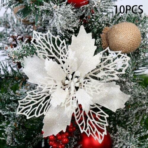 10pcs/lot Christmas Poinsettia Glitter Flower Tree Hanging Party Xmas Decor Artificial Flowers For Christmas Home Wedding Decor