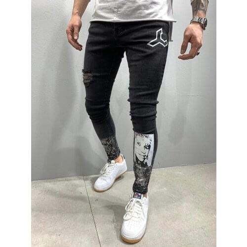 2020 Hot Slim Jeans Men Ripped Printing Head Stretch Denim Pants Elastic Waist Big Size European S-4XL Hip-hop Casual Men jeans