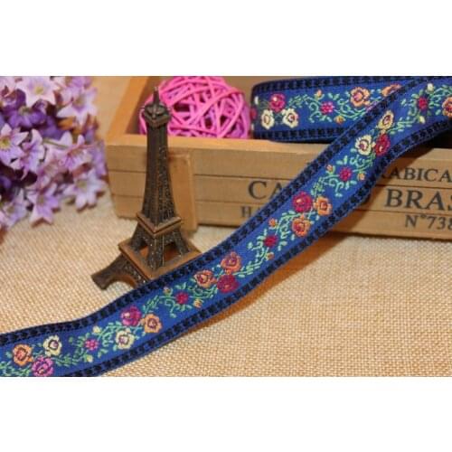 10 yards/lot 2.5cm Woven Jacquard Ribbon Flower in blue Craft Cotton