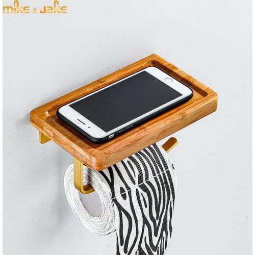 Bathroom paper holder bamboo with metal paper shelf toilet phone holder with paper holder wall paper rack
