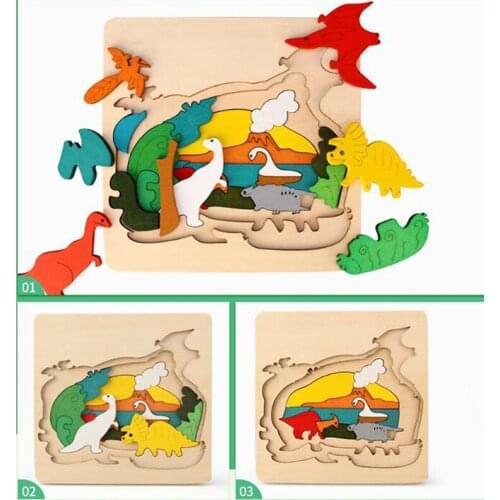 Children Education Wooden Jigsaw Puzzle Toys Multilayer Classic Cartoon 3D Puzzle Toys For Children