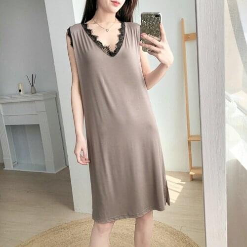 Fdfklak Summer Sleepshirts Comfortable Solid Color Modal Home Dress Nightgowns Womens Lace V-Neck Nightdress Thin Section