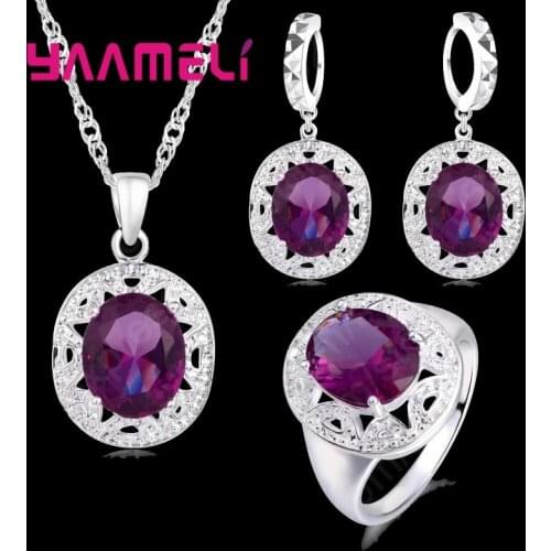 Elegant Women 925 Sterling Silver Purple Crystal Pendants Necklaces Earring Ring Set For Wedding Engagement Jewelry Gift