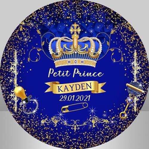 Royal Blue Prince Round Backdrop Cover Gold Crown Baby Shower Party Decoration Candy Table Banner Birthday Background