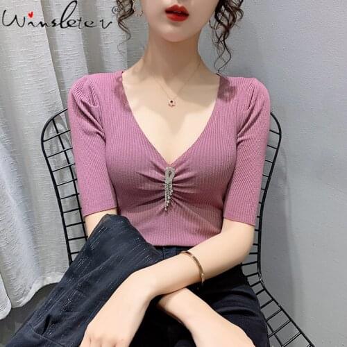 Summer Korean Clothes Solid Knit T-shirt Sexy V-Neck Elegant Women Tops Casual Short Sleeve Slim Elastic Tees New 2021 T13004A