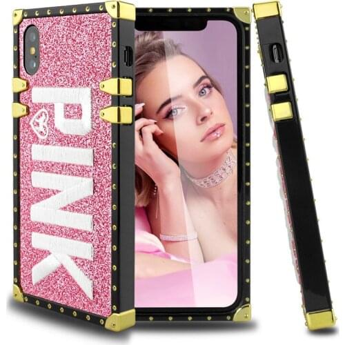 Fashion Embroidery PINK Case for iPhone 12 Pro Max Glitter Square Phone Cover for iPhone 11 Pro XR XS Max 8 7 Plus SE